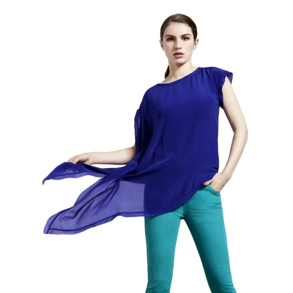 Karen Millen Royal Blue 100% Silk Asymmetrical Draped Tie Side‎ Top TN056 US 8